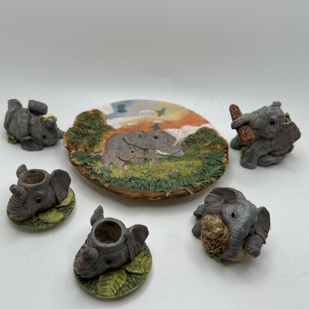Mini Elephant Set  Polystone Resin Figurine Set Pachyderm Safari Calf Vintage